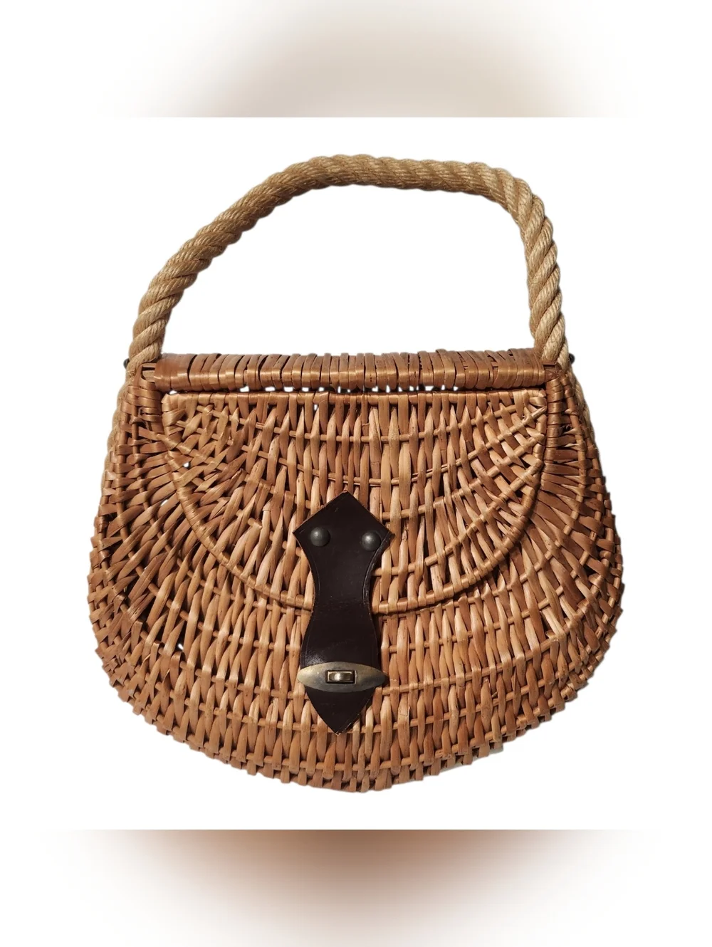 Farmhouse Fishing Creel Wicker Basket Handbag Leather Accents